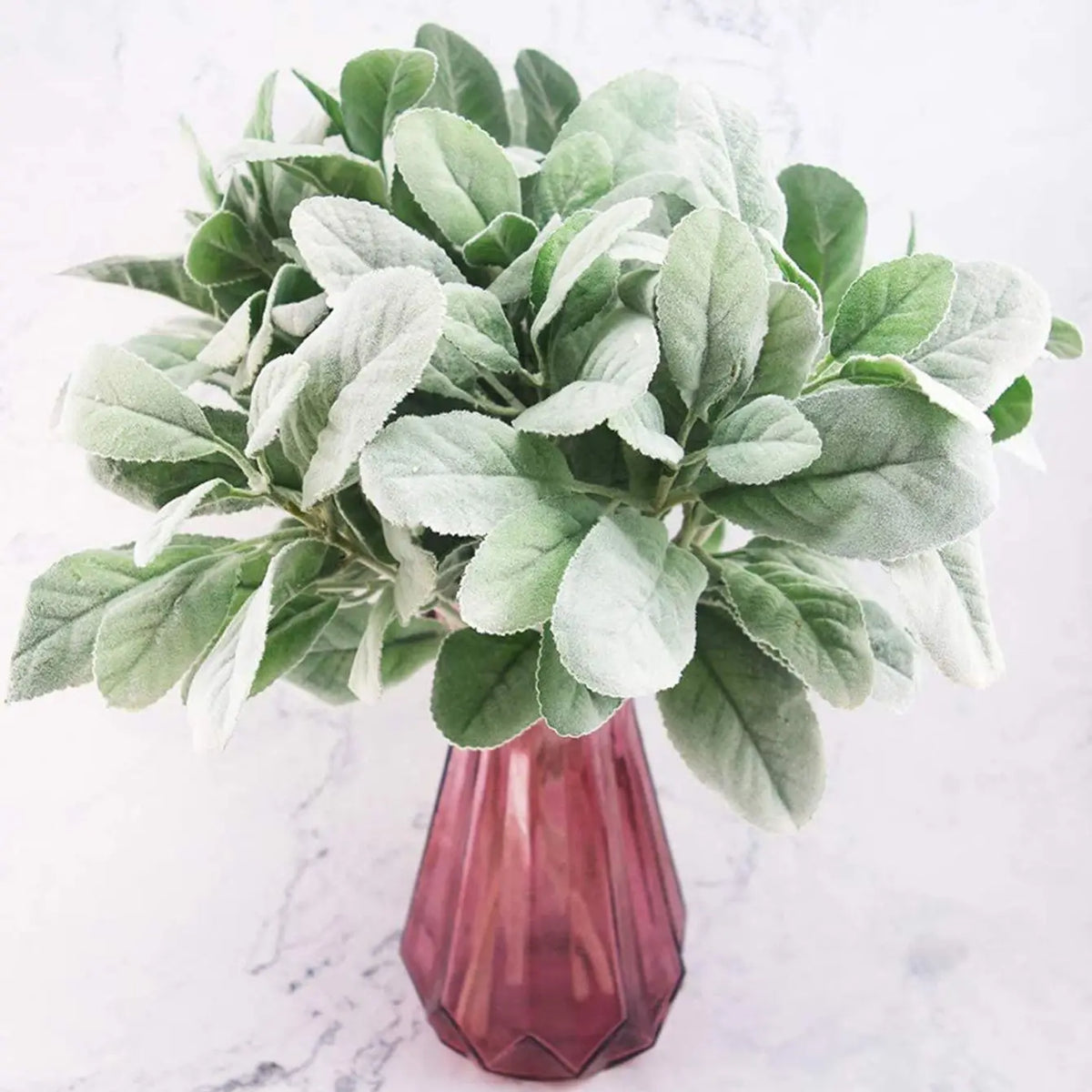 bouquet artificiel feuilles ovales vert clair gris rustique naturel vase transparent emballage brun serviette