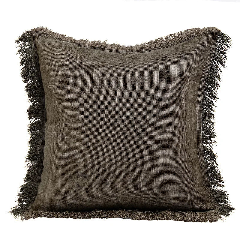taies d'oreiller carrées modernes couleurs marron rose beige franges coton polyester