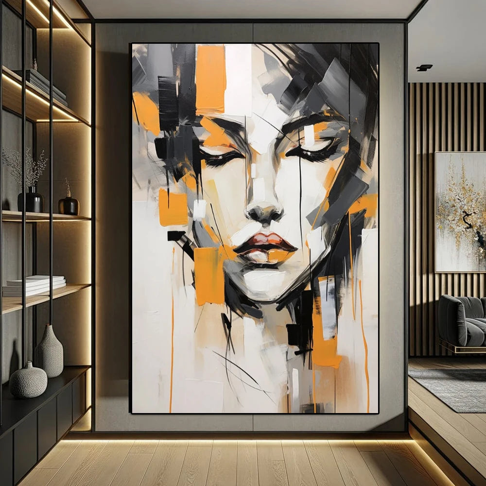 tableau abstrait contemporain composition géométrique noir blanc orange gravure toile sans cadre decoration salon
