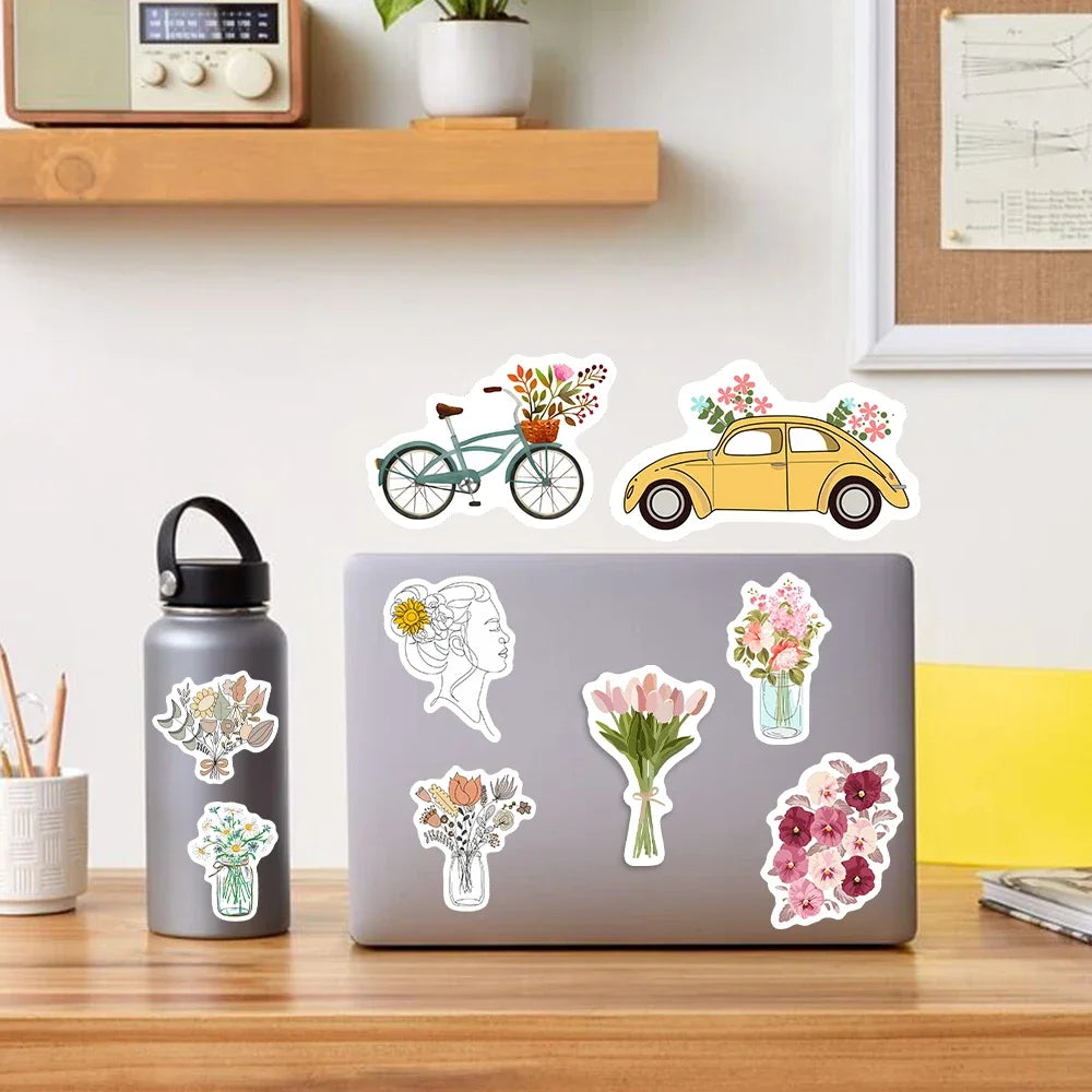 stickers illustrés fleurs papillons adhésifs multicolores blanc noir bleu vert rose jaune carnet scrapbooking