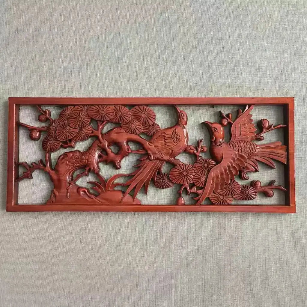 panneau decoratif bois sculpte oiseaux fleurs traditionnel chinois decoration murale rouge naturel