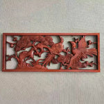 panneau decoratif bois sculpte oiseaux fleurs traditionnel chinois decoration murale rouge naturel