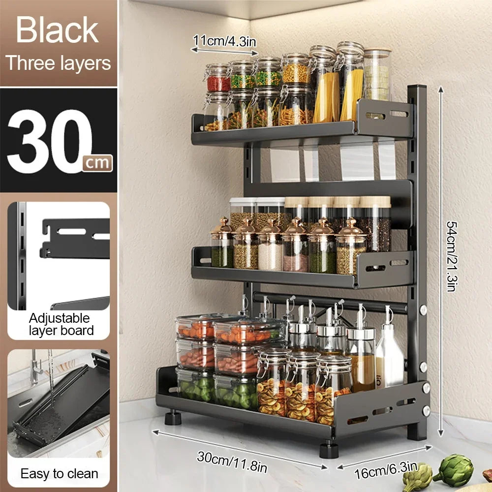 organisateur cuisine étagère métal noir minimaliste rangement épices bouteilles haute ajustable pieds stabilisateurs modernes