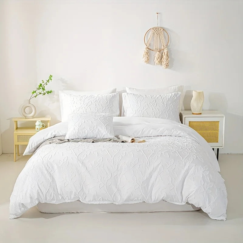 ensemble literie boho beige motif feuilles tissu brossé couvre lit taies oreiller double simple