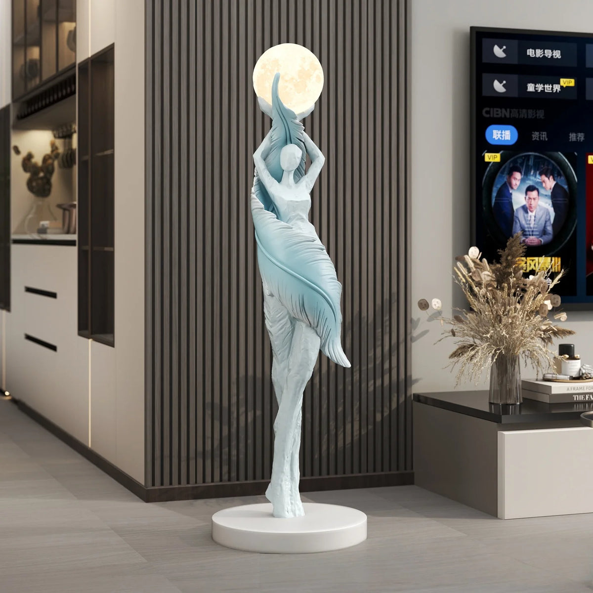 statue femme lune lampadaire moderne résine blanc noir bleu marron ondulé led minimaliste