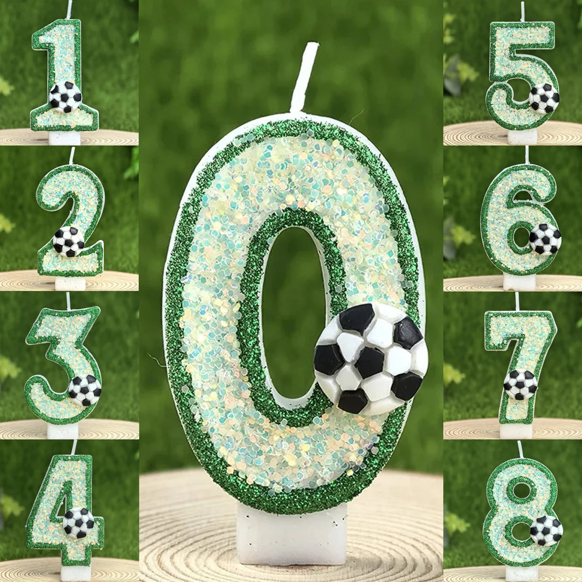 bougies chiffres paillettes football anniversaire decoration verte blanche noire bleue thèmes sportifs numerotees opaque