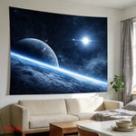 tapisserie moderne 3D planète étoiles décoration murale polyester clips bleu noir blanc chambre salon