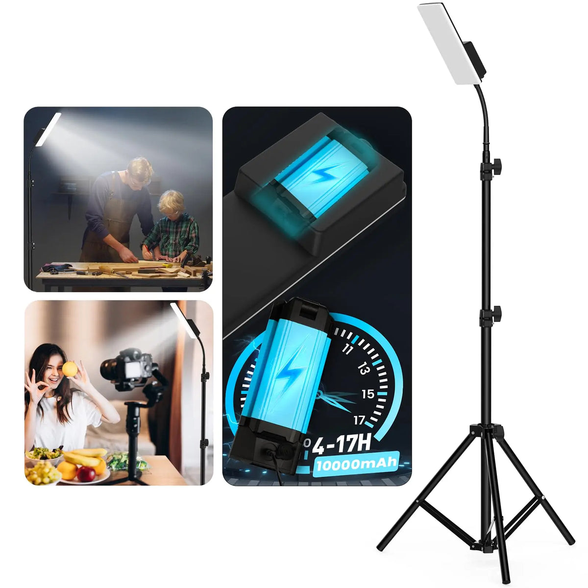 lampe travail flexible rechargeable 10000mAh led noire moderne trépied chargeur adaptateur