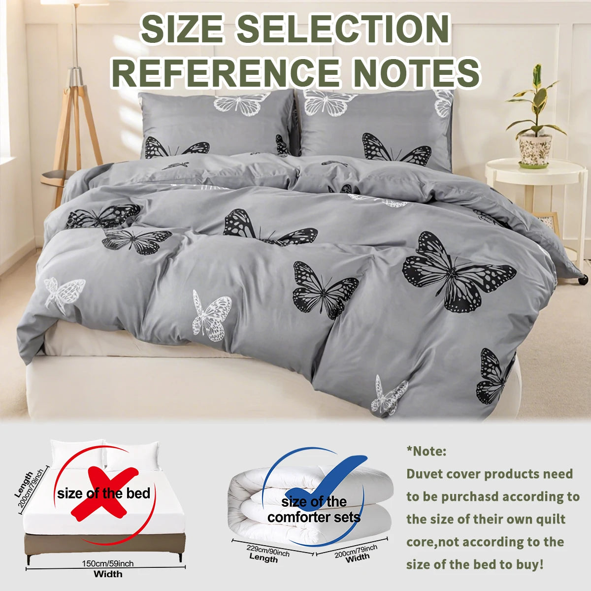housse couette papillons noirs blancs moderne gris clair taies oreiller ensemble literie polyester