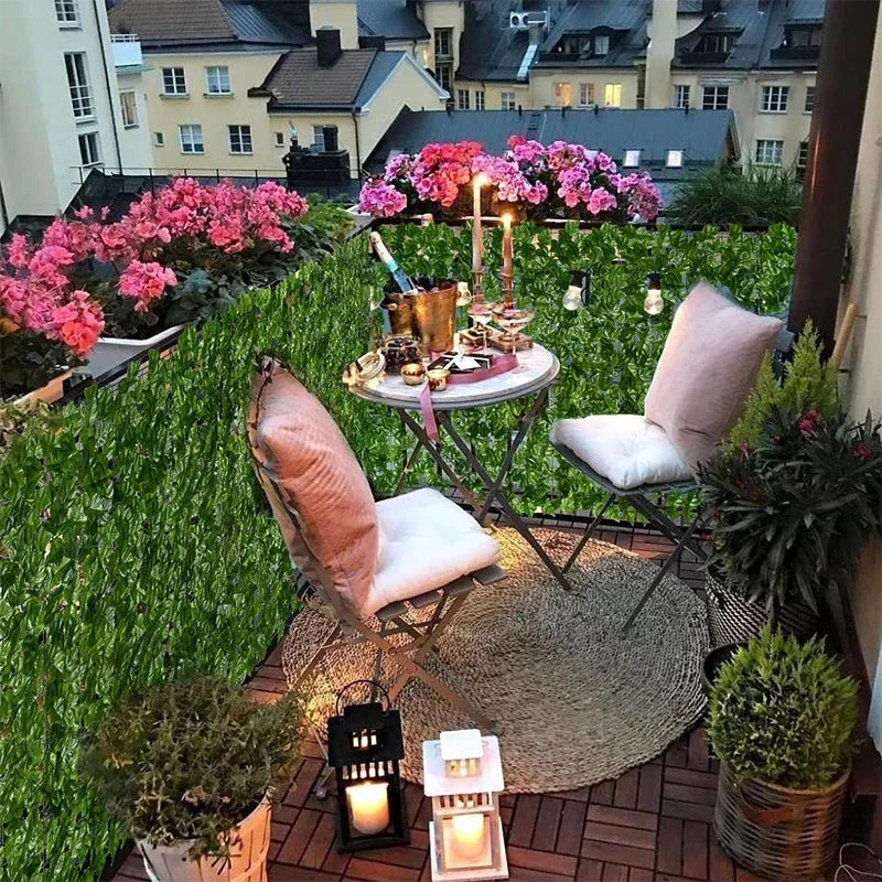 panneau decoratif vegetal artificiel feuilles vert violet jaune rouge blanc bleu exterieur balcon jardin
