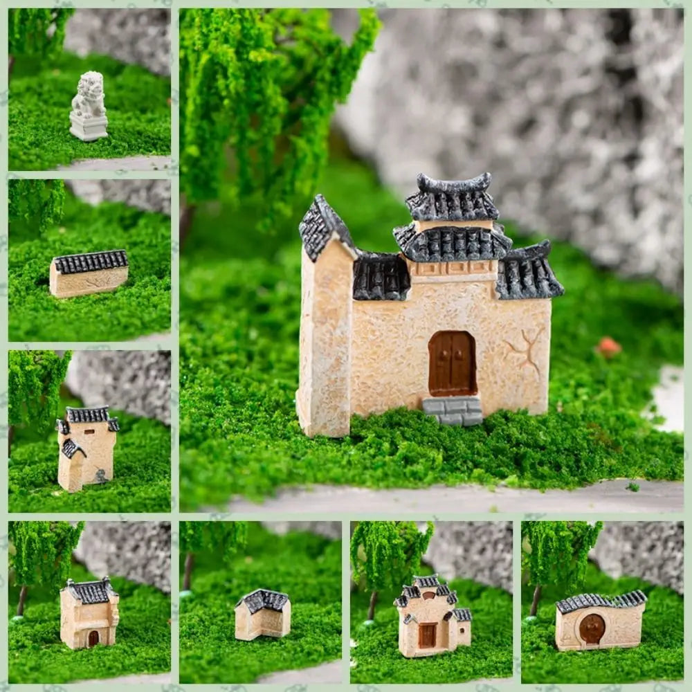 miniature village traditionnel résine beige gris brun foncé toitures tuiles statues lions chinois decoration