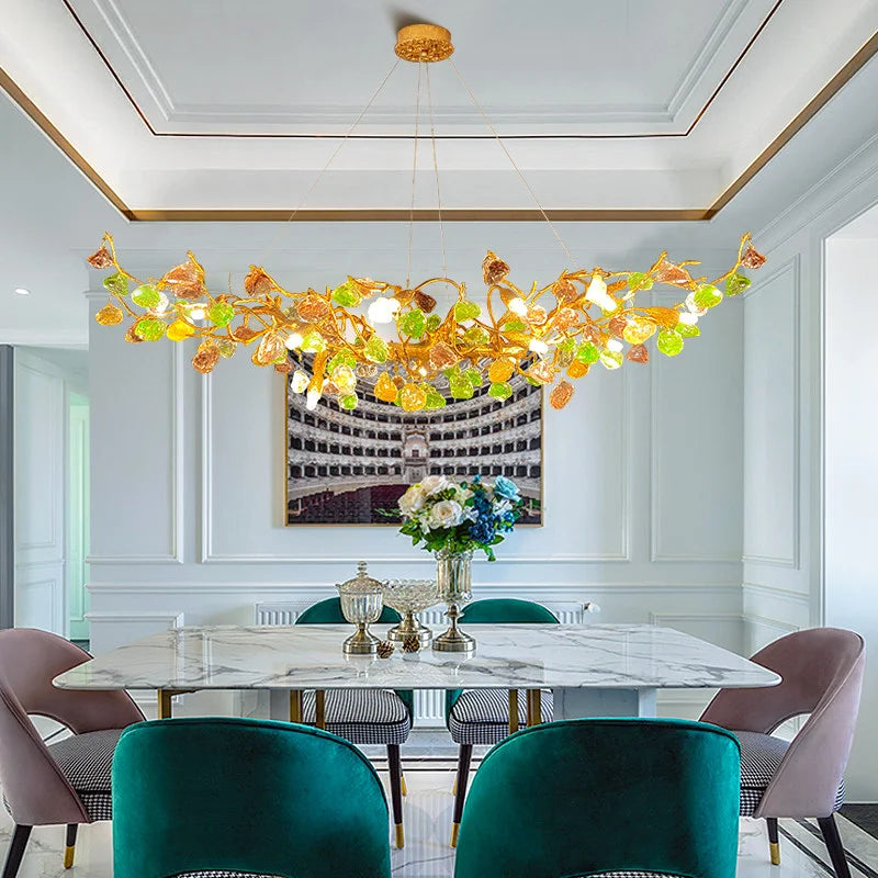 suspension lumineuse moderne dorée branches pierres couleur blanc orange vert