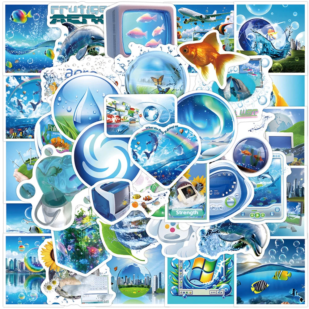 sticker adhésif bleu dauphin poisson palme soleil abstrait pack 10pcs 30pcs 50pcs random illustration
