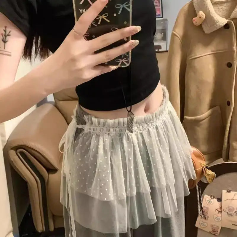 jupe élégante femme fille blanche points gris clair polyester translucide ruban noir tulle