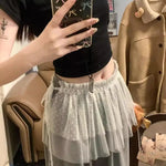jupe élégante femme fille blanche points gris clair polyester translucide ruban noir tulle
