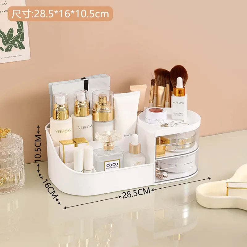 organisateur maquillage transparent moderne blanc rangement cosmétique tiroirs flacons brosse étiquettes