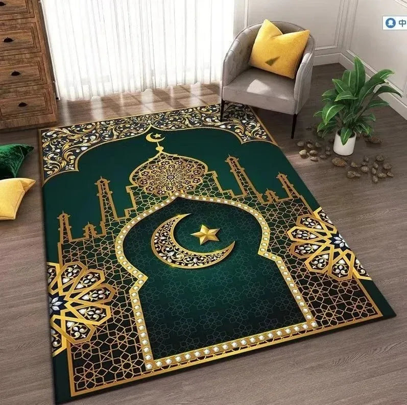 tapis prière musulman vert doré noir motif géométrique moderne salon chambre décoratif doux