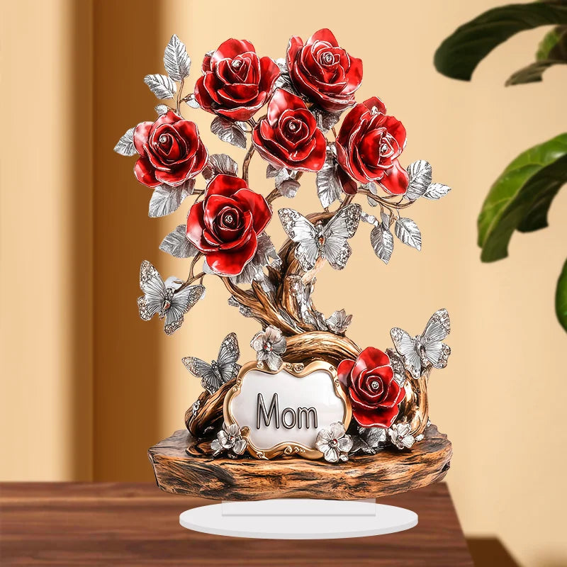 sculpture arbre roses papillons plaque mom rouge argenté marron décoration artisanale chambre festive
