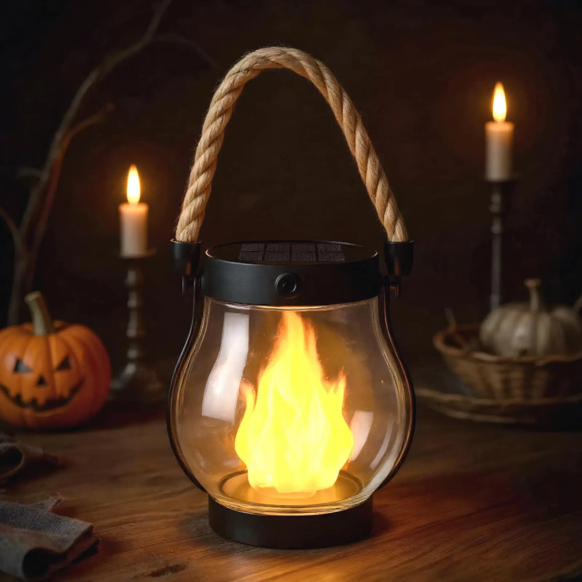 lanterne solaire transparente flamme vacillante résistante eau rustique halloween décoration corde inclusionextérieur