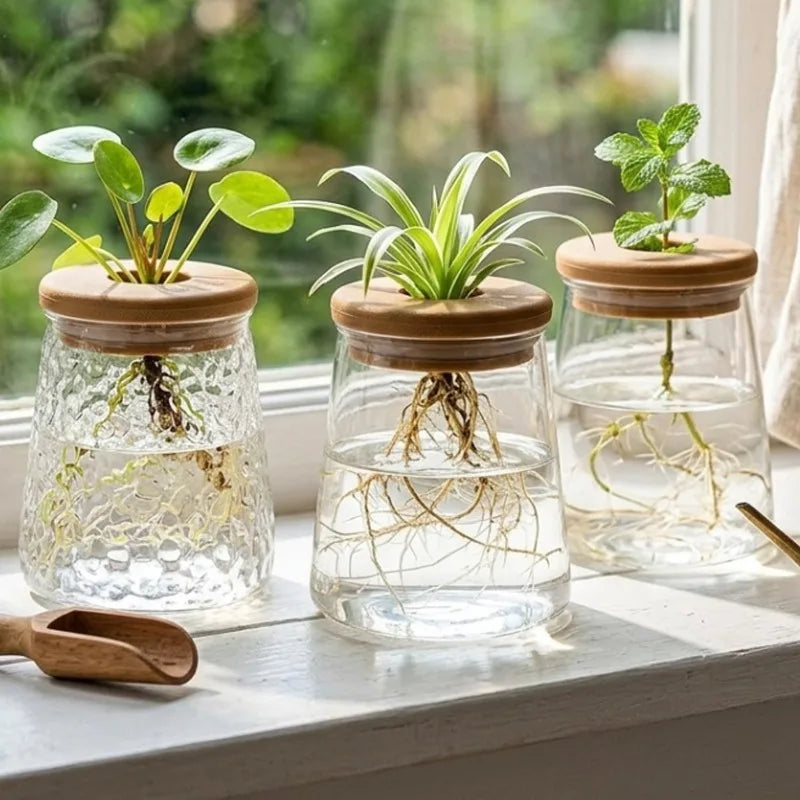 pot hydroponique transparent couvercle bois plante succulente purificateur air minimaliste moderne vase culture aquatique