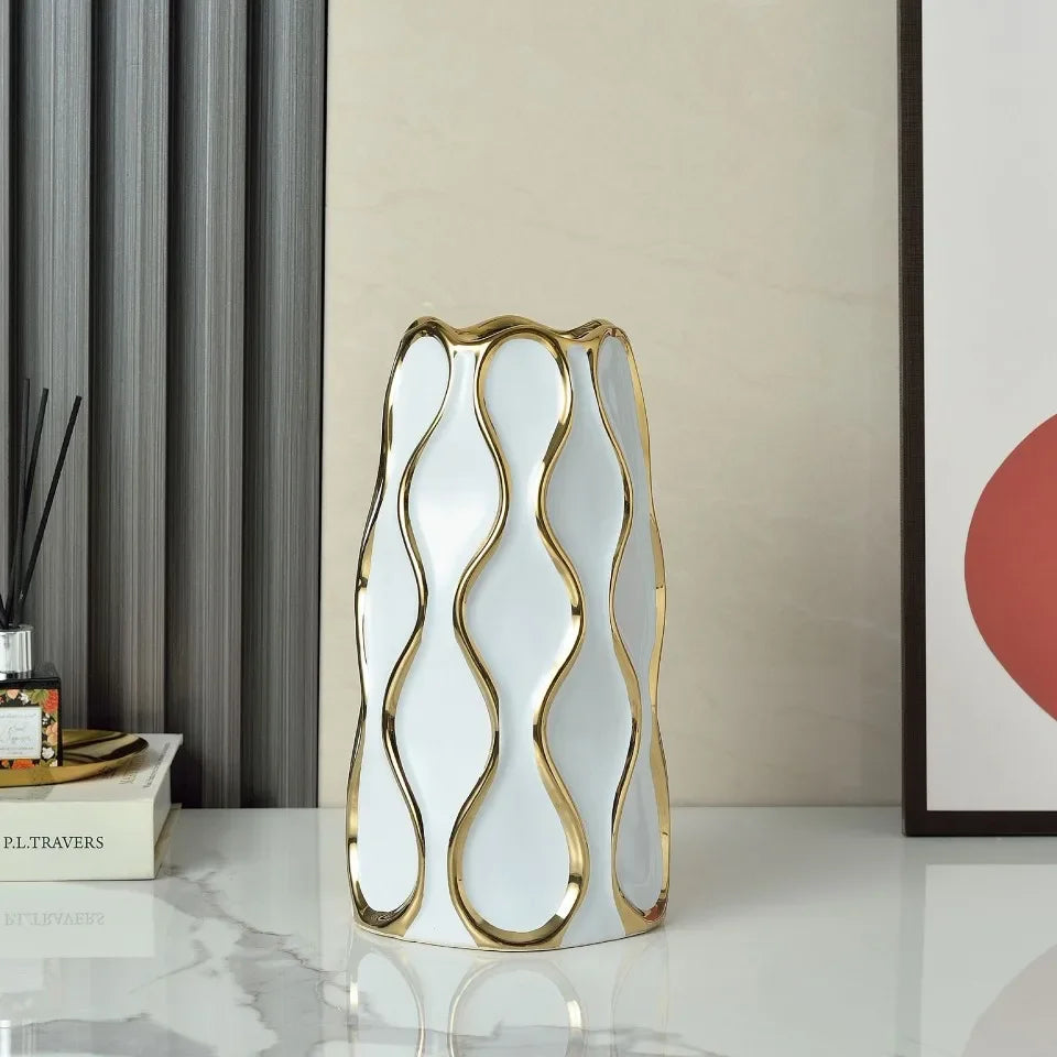 vase céramique moderne blanc or noir lignes dorées élégant décoration salon fleurs artificiellements