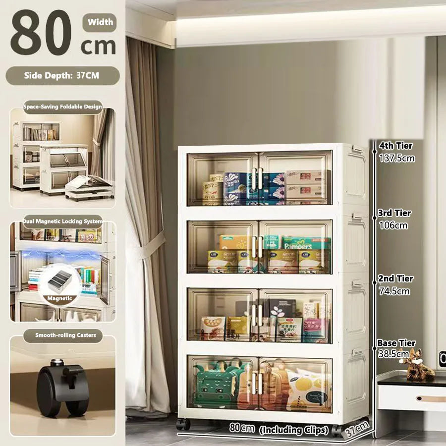 meuble rangement modulable blanc roulettes portes transparentes rayures verticales modernes
