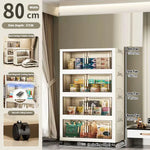 meuble rangement modulable blanc roulettes portes transparentes rayures verticales modernes