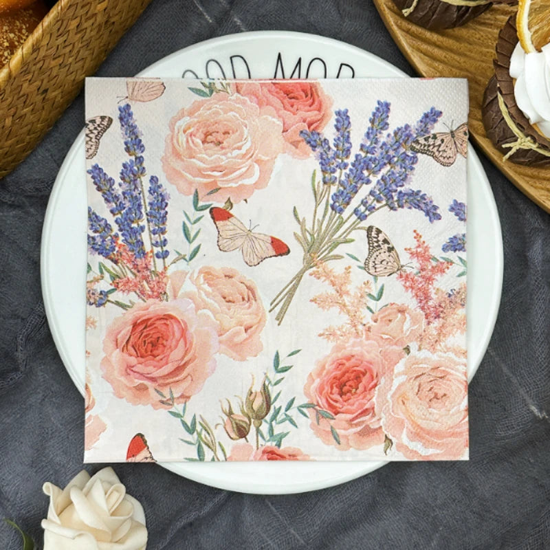 serviettes papier fleur rose vintage blanc floral romantique deux plis haute gamme restaurant ménage