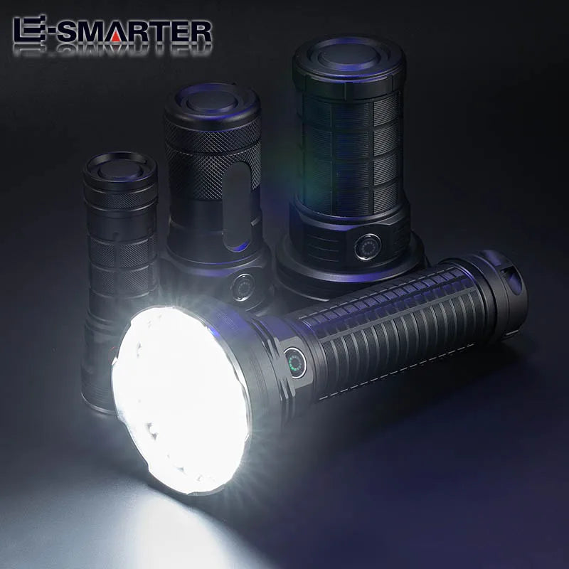 torche led rechargeable 50w intense 500m lumiere blanche noire robuste camping pêche