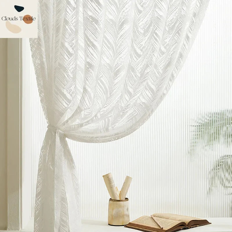 rideau moderne feuilles stylisées blanc transparent salon chambre coucher
