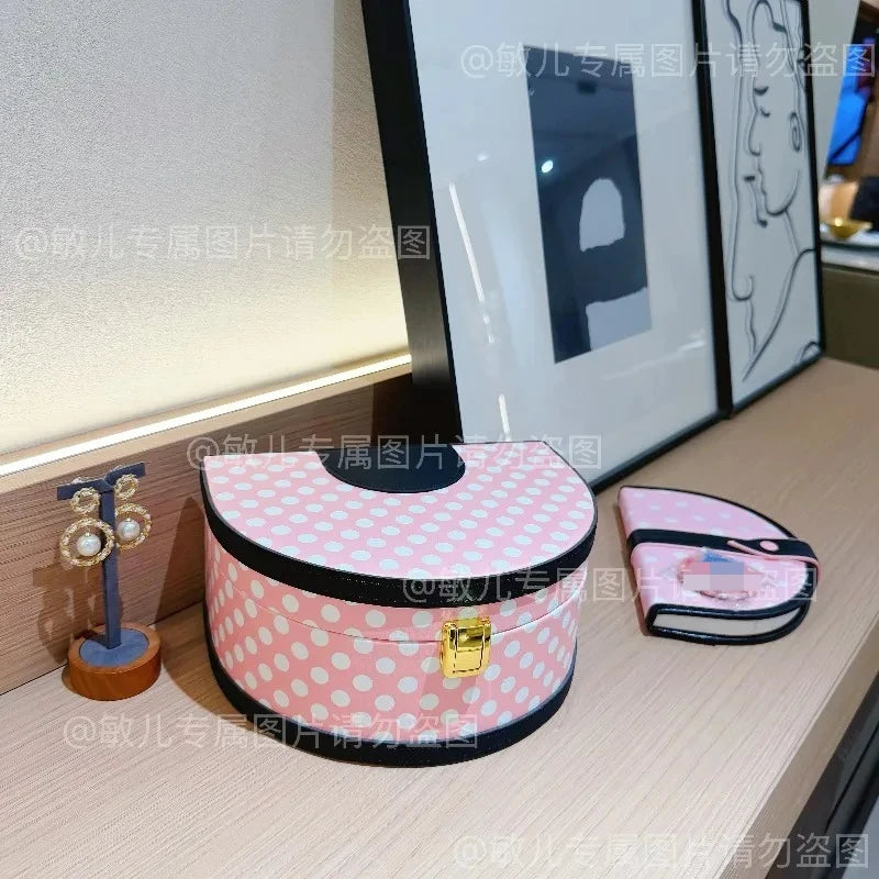 boîte bijoux miroir rose pois noir classique compartiments glissière féminine