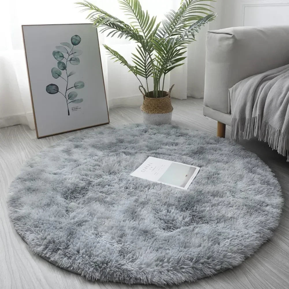 tapis rond pelucheux polyester solide moderne gris clair gris foncé bleu brun camel rose