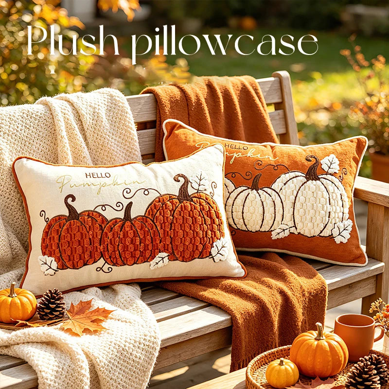 coussin orange beige citrouilles feuilles broderie 3d automnal zippé invisible décoratif atelier maison