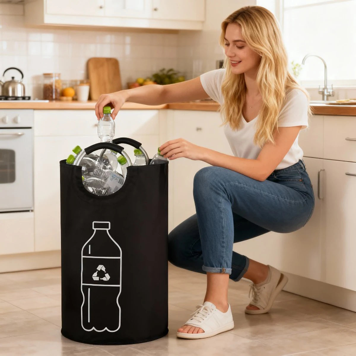 sac déchets recyclage bouteilles plastique illustration moderne anneaux métalliques poignées noires efficace rangement