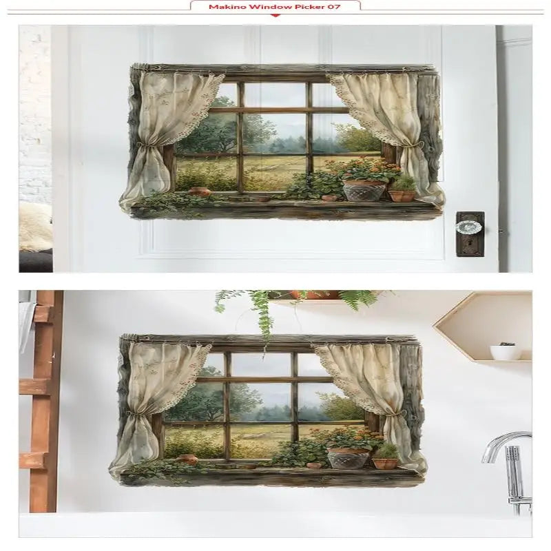 autocollant mural vintage paysage fenêtre volets bleus plantes vertes guirlande fleurs chat niche naturel
