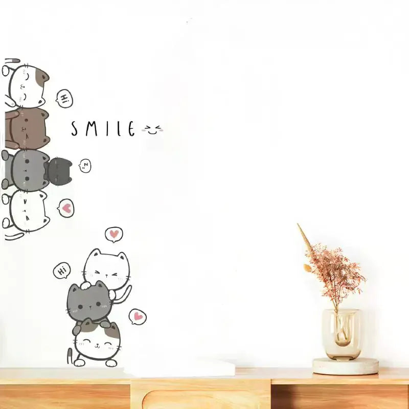 sticker mural cartoon chats mignons gris rose smile salon chambre enfants pvc opaque
