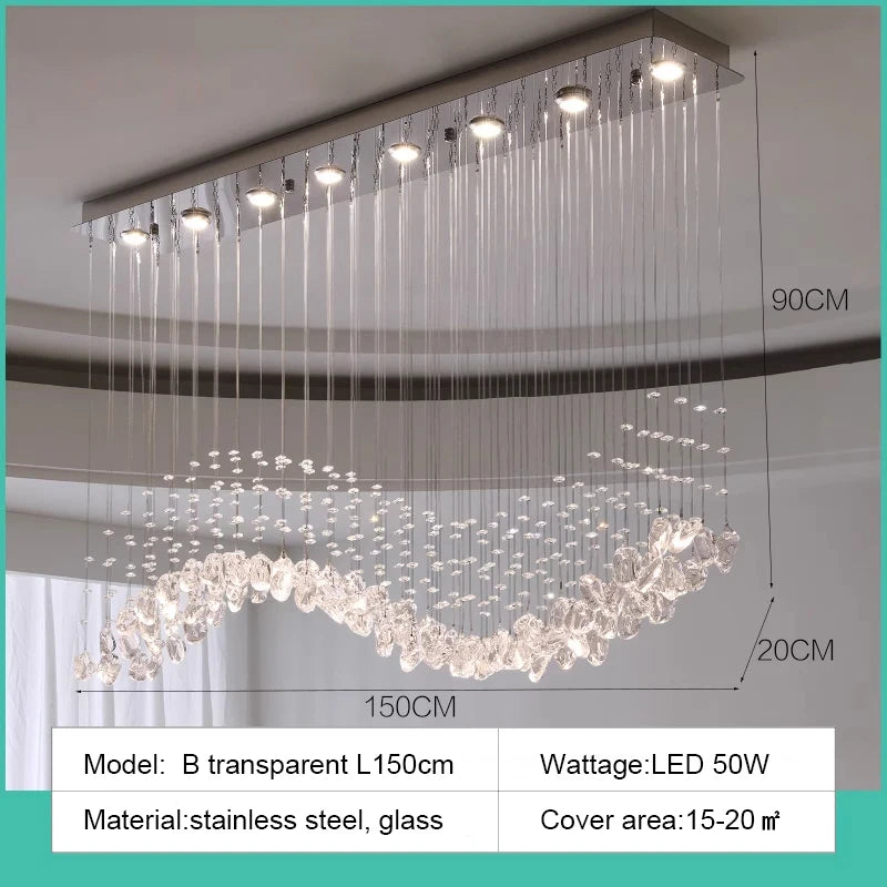 suspension lumineuse moderne gouttes cristal transparent verte ambrée 100cm 120cm 150cm