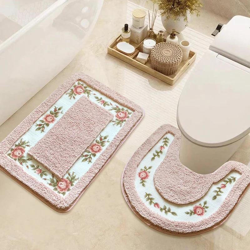 tapis bain fleur rose salle bain doux adhésif anti dérapant classique vert gris