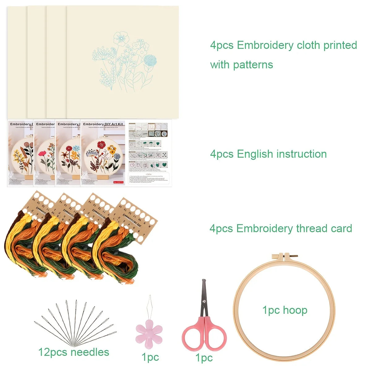 kit broderie fleurs sauvages tissu imprimé bohème aiguilles fils ciseaux instructions artisanal floral rustique
