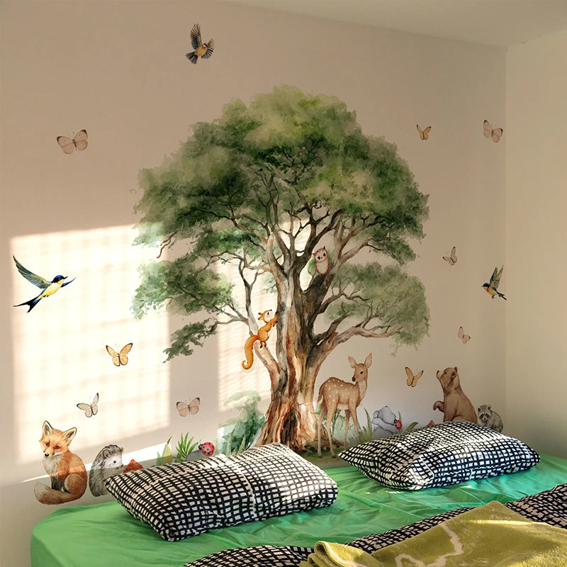 sticker mural animal peinture aquarelle deco enfant cerf renard écolier