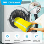 sac lavage chaussures réutilisable coton texture côtelée jaune bleu transparent fermeture éclair anse pratique