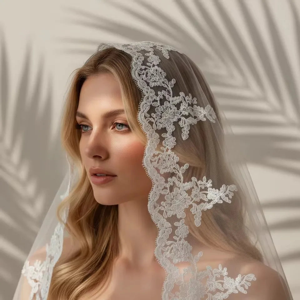 voile mariée blanc broderie florale classique bordure dentelle tulle translucide femme événementière erotique