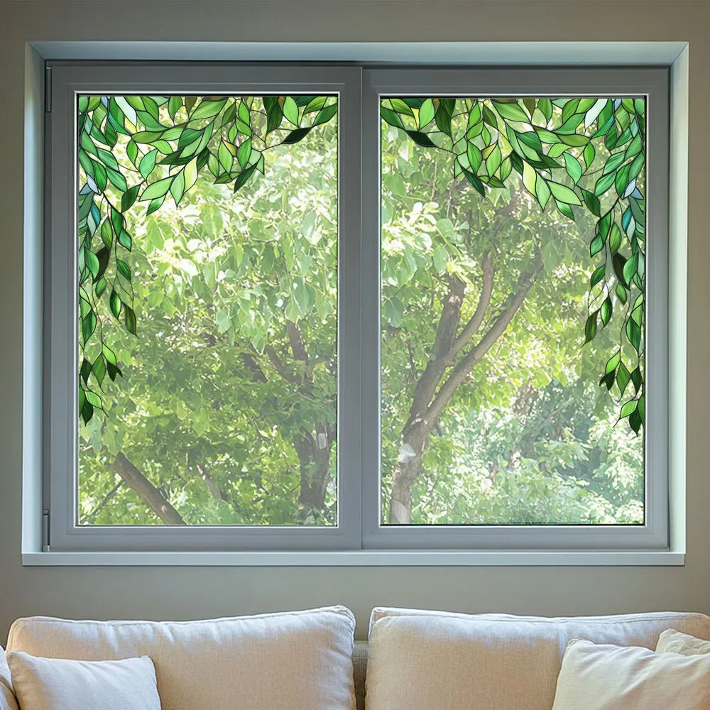 décoration fenêtre feuilles vertes adhésif moderne artisanal stickers pvc transparent brillant
