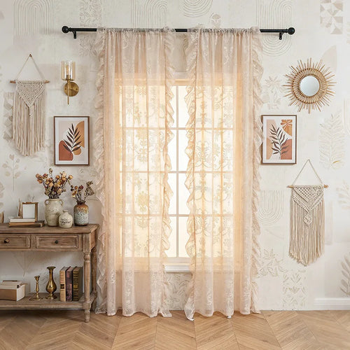 rideau floral transparent polyester beige clair classique décoration intérieure chambre