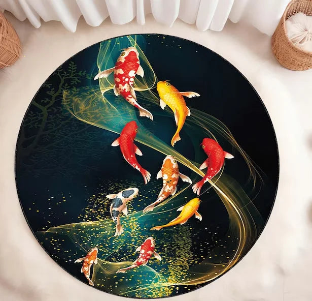 tapis rond décoratif poisson koi japonais motif fleur moderne salon chambre maison intérieur