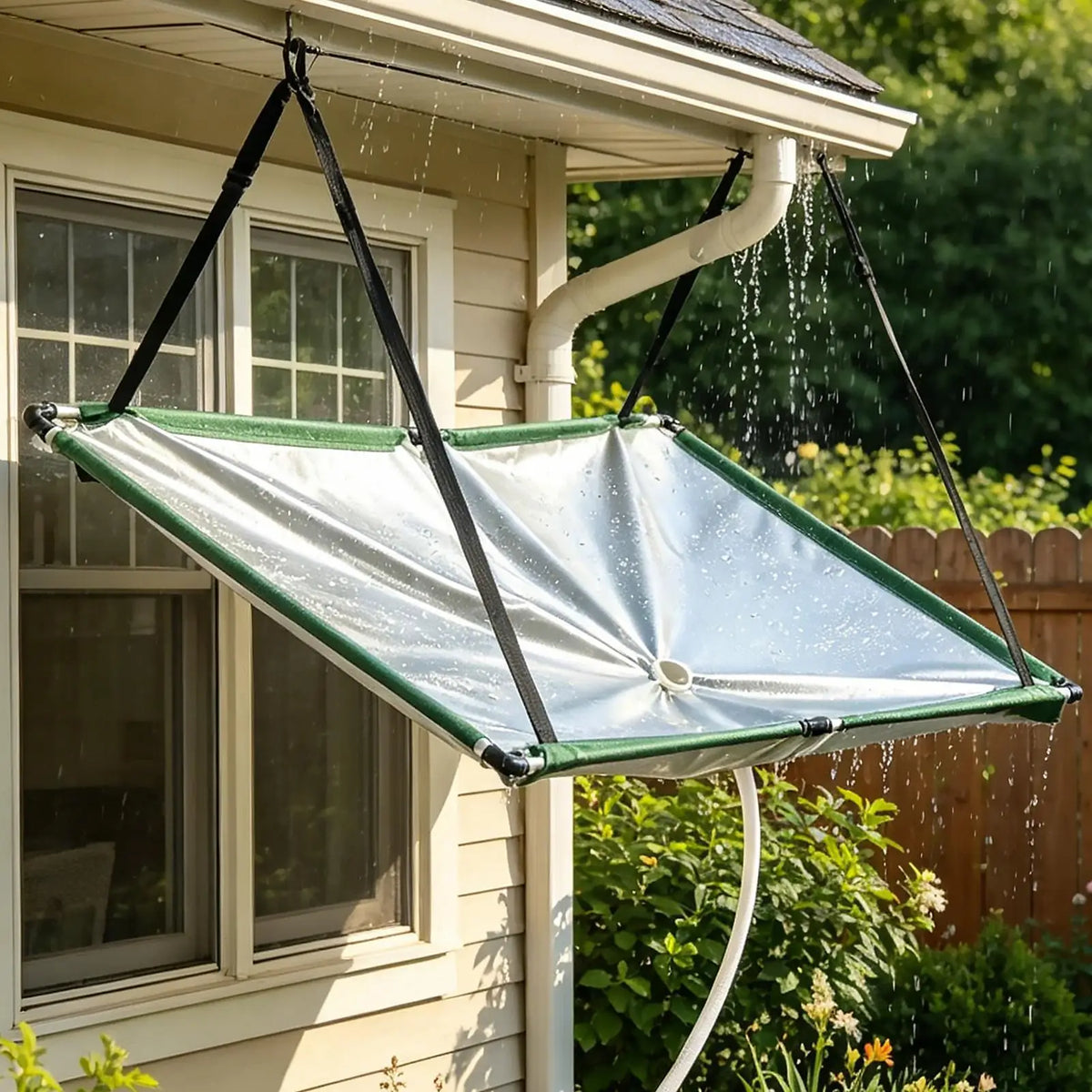 collecteur eau pluie suspendu tapis récupération tuyau arrosage jardin extérieur camping utilitaire