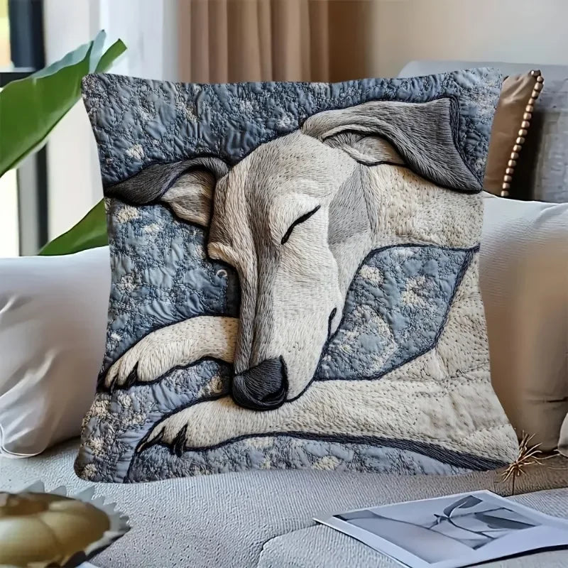 housse coussin motif chien gris beige decoration maison lit polyester peachskin imprimé respectueux environnement