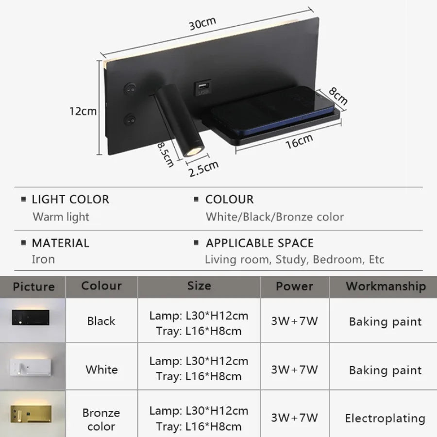 lampe murale led moderne charge sans fil usb étagère éclairage minimaliste chambre salon