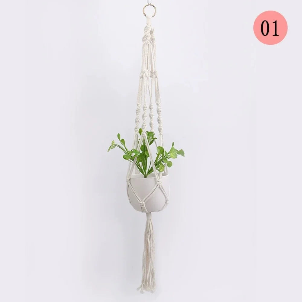 panier suspendu boho chic tissé motifs floraux jaune clair crochets métalliques deux cordons suspension