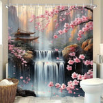rideau douche moderne fleurs cascade paysage oriental opaque polyester respectueux environnement blanc rose gris